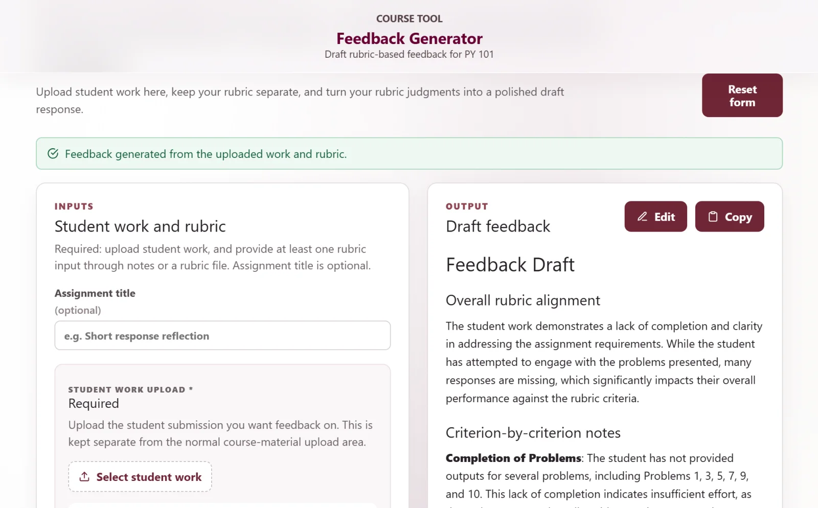 Feedback Generator with student work and rubric inputs on the left and an editable feedback draft on the right.