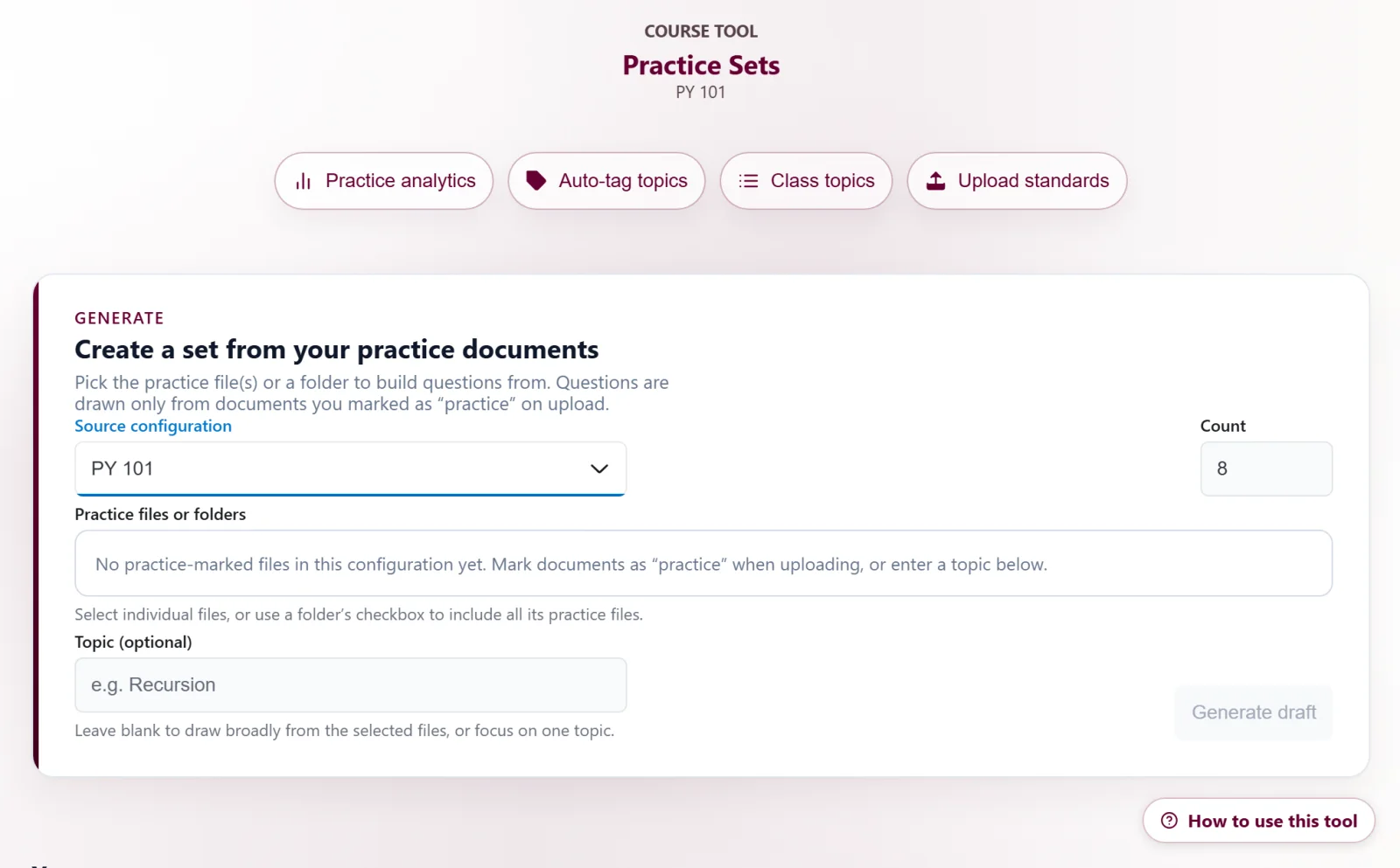 Practice Sets teacher interface for generating a question set from selected practice documents.