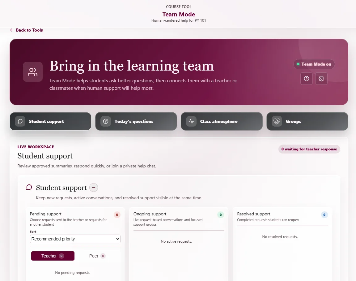 Team Mode teacher workspace with columns for pending, ongoing, and resolved student support requests.