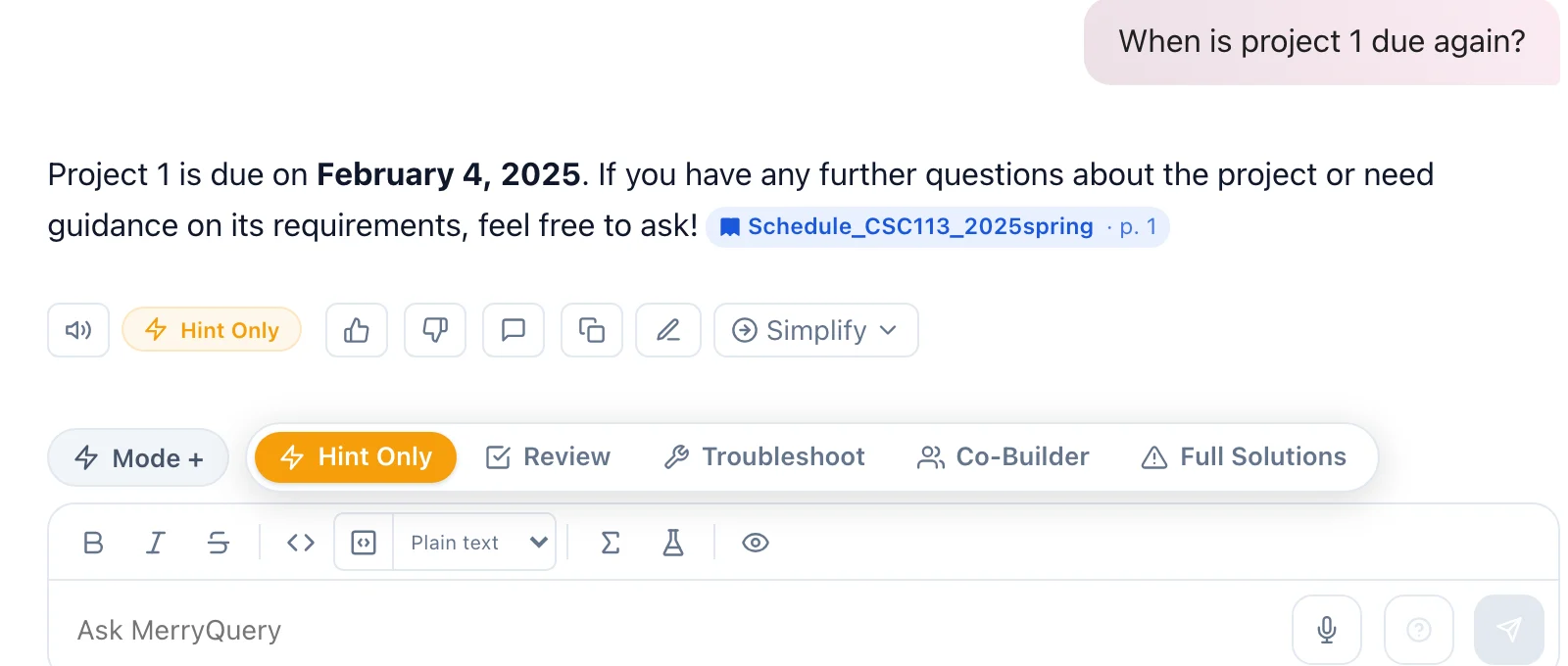 MerryQuery chat with the Mode menu open, showing the five assistance levels: Hint Only, Review, Troubleshoot, Co-Builder, and Full Solutions. The answer above is tagged Hint Only.