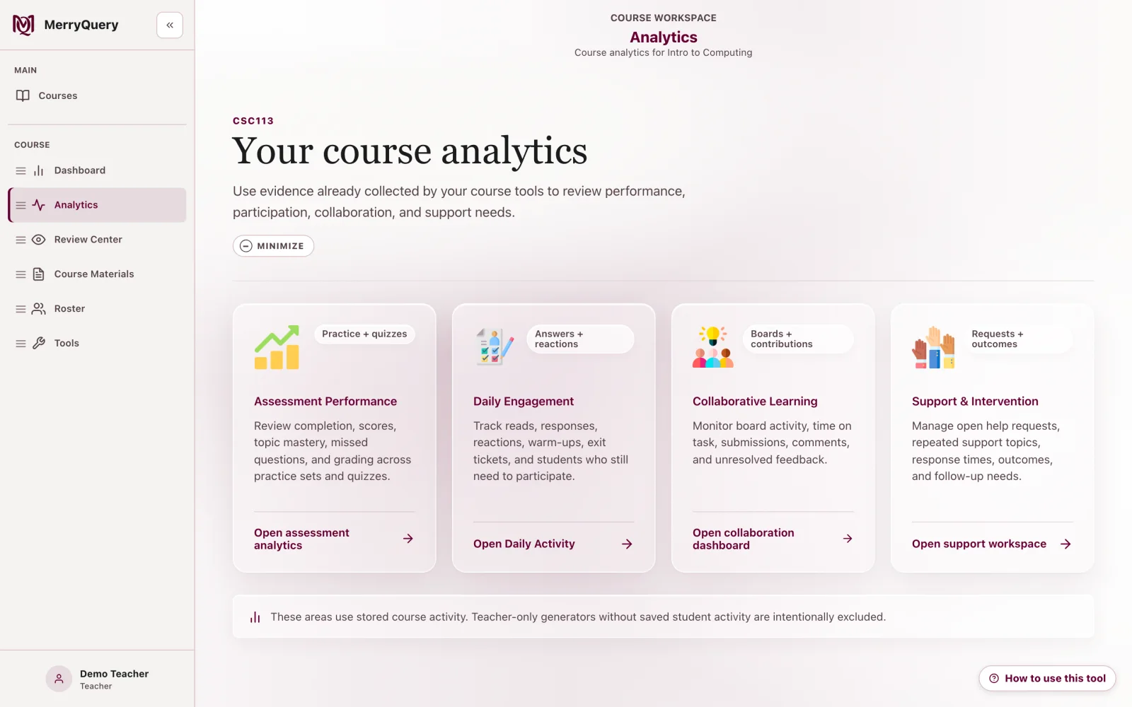 MerryQuery course analytics page.
