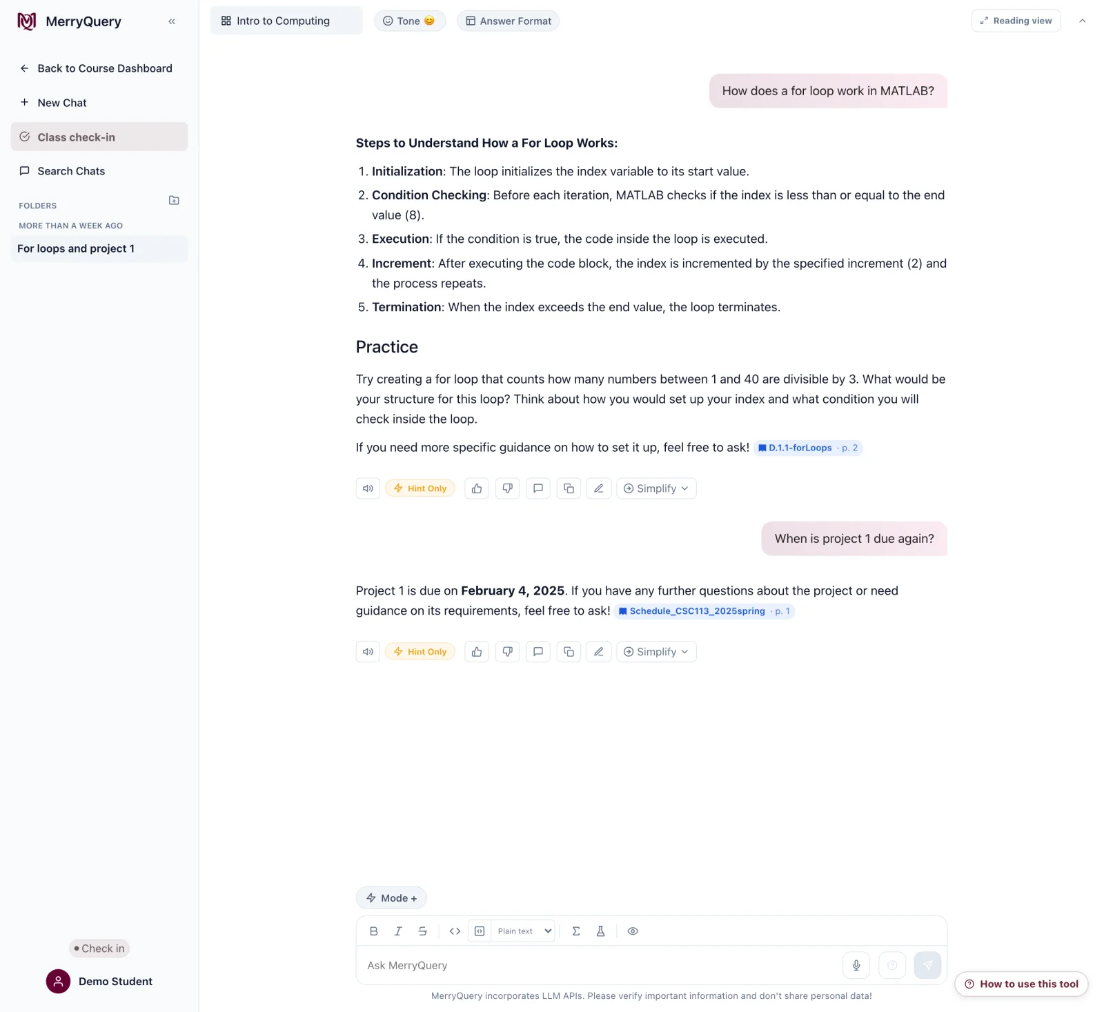 MerryQuery student chat with cited, step-by-step answers tagged with their GenAI assistance level.
