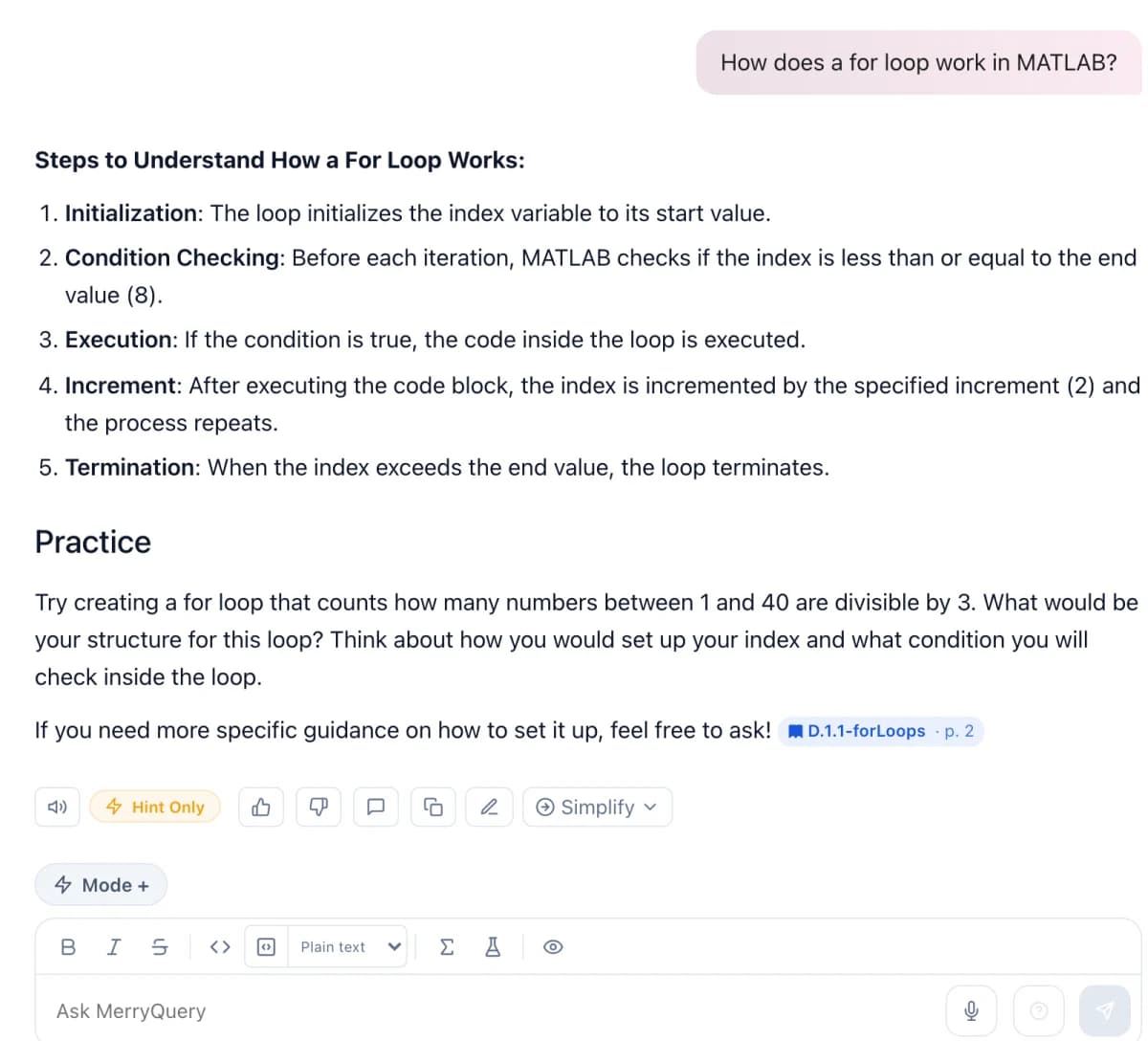 MerryQuery student chat: a five-step explanation of a MATLAB for loop with a practice prompt and a citation to D.1.1-forLoops, tagged Hint Only.