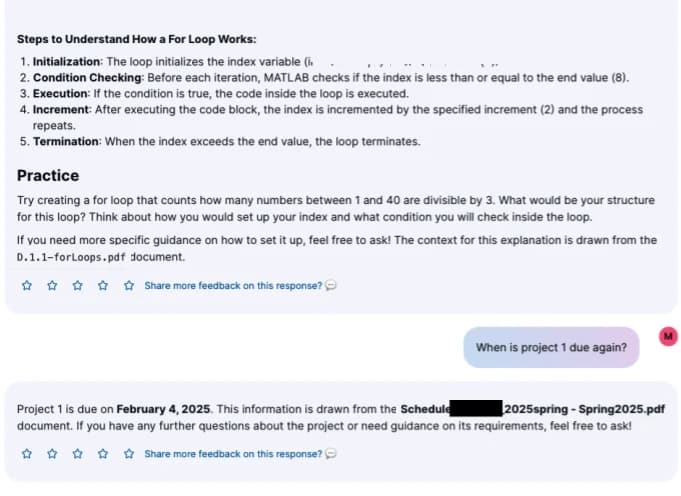 MerryQuery student chat with a step-by-step explanation of a MATLAB for loop that cites a course document.