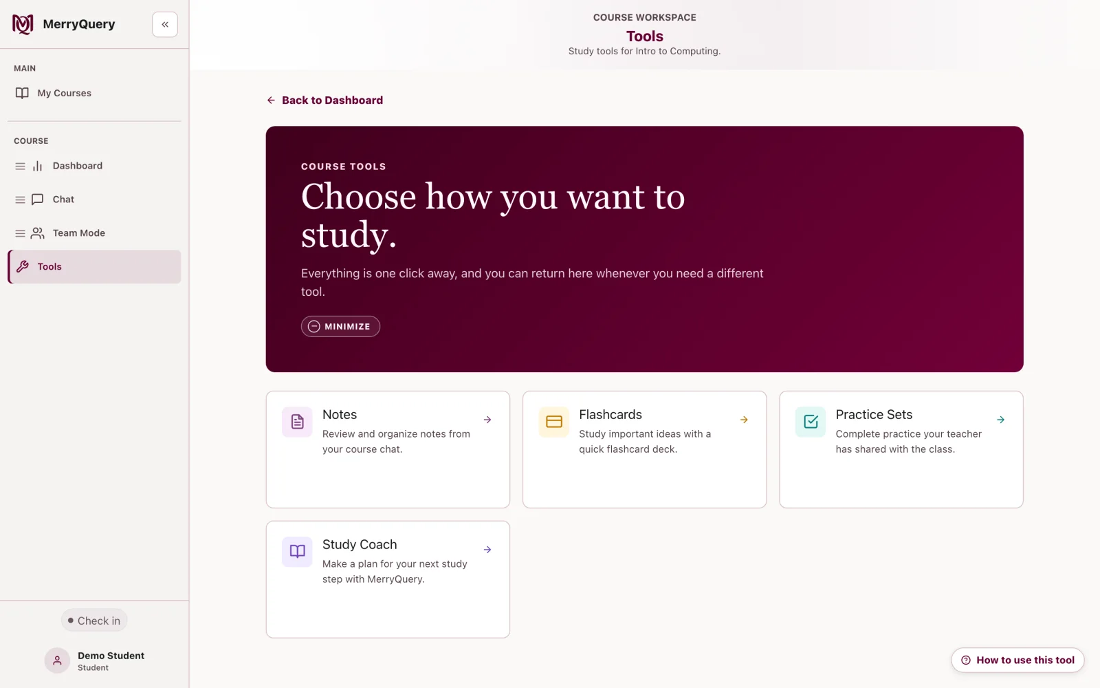 MerryQuery student tools page.
