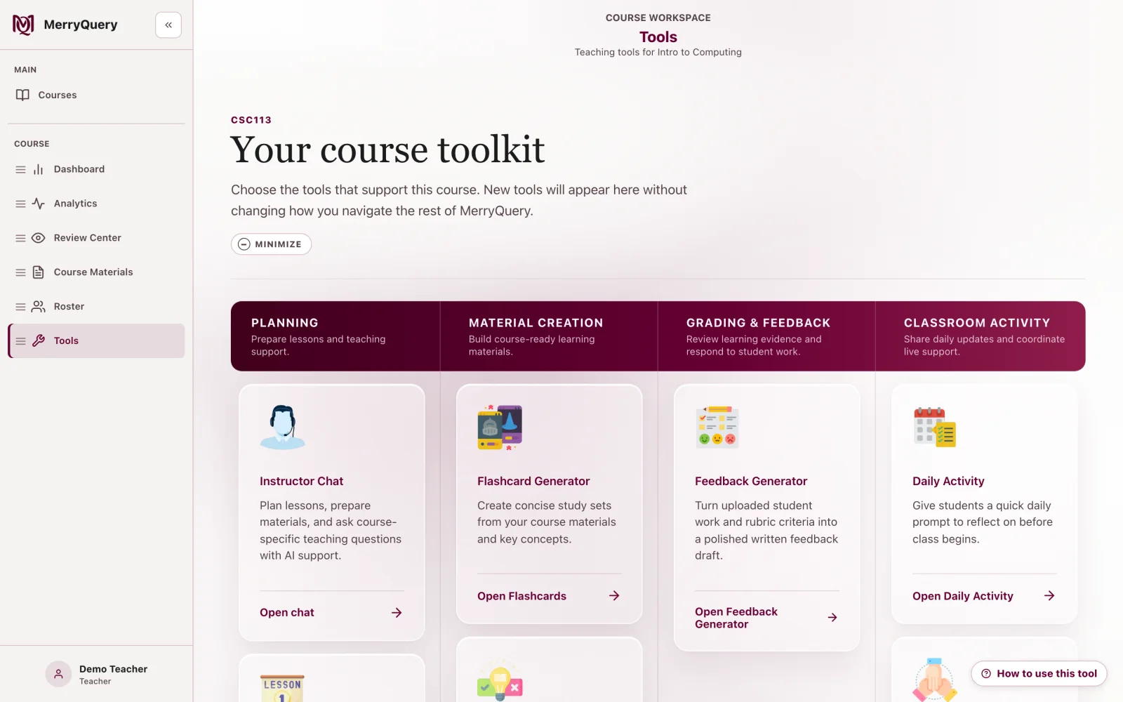 MerryQuery teacher workspace with the course toolkit and the course sidebar.